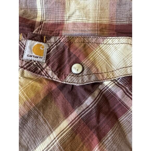 XL Carhartt Long Sleeve Snap Button Up Shirt Plaid Brown Western Work - Picture 8 of 9